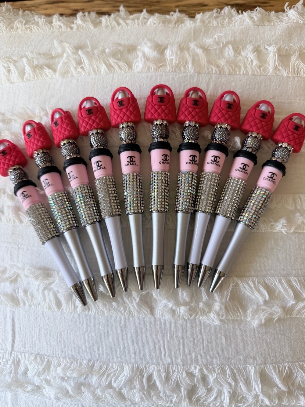 Designer  Pink and Silver Rhinestone Quilted Charm Ballpoint Pens - Pack of 10